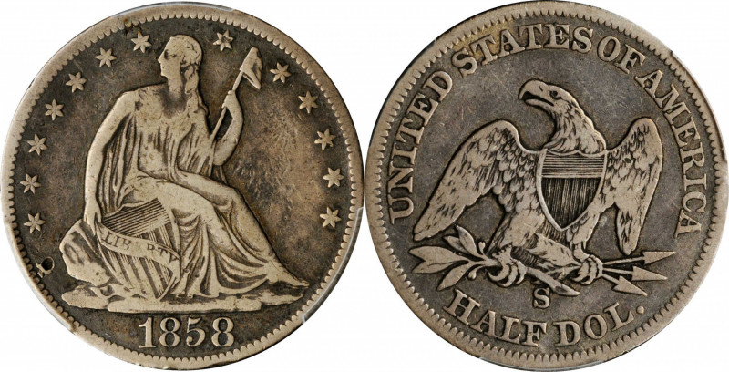 Liberty Seated Half Dollar

1858-S Liberty Seated Half Dollar. WB-2. Rarity-3....