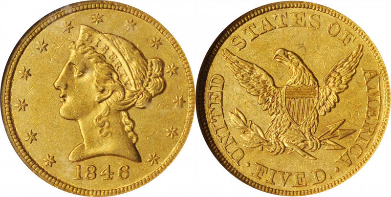 Liberty Head Half Eagle

1846 Liberty Head Half Eagle. Small Date. AU-55 (NGC)...