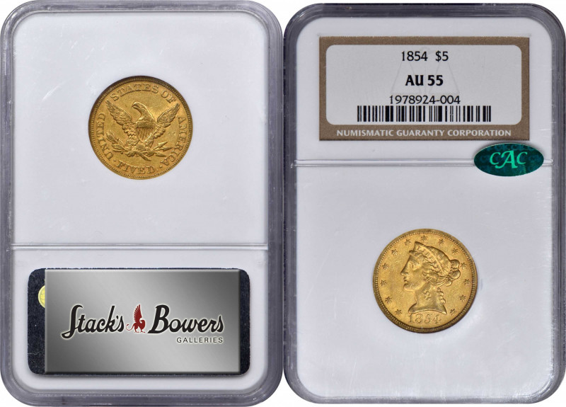 Liberty Head Half Eagle

1854 Liberty Head Half Eagle. AU-55 (NGC). CAC.

PC...