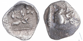 525-475 A.C. Hemióbolo Mysia, Kyziko - Asia Menor. Parte anterior del jabalí a la izquierda / Cabeza de león a la izquierda dentro del cuadrado incuso...
