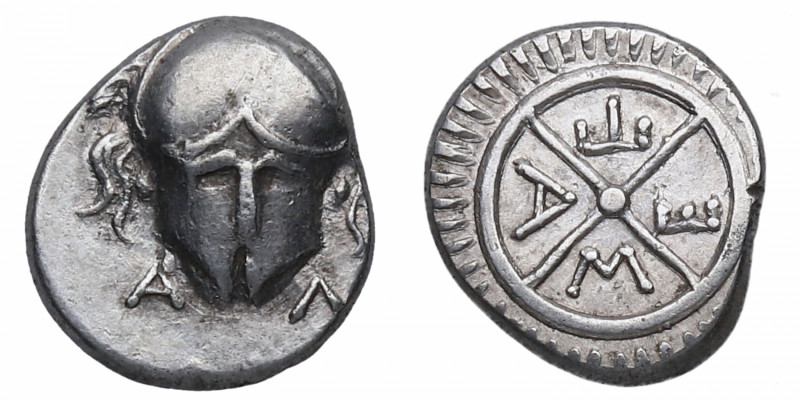 450-350 aC. Islas de Tracia. Mesembria. Diobolo. Ag. A-Λ, casco corintio con cre...