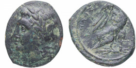 287-278 aC. Hikétas (287-278 aC). Siracusa. Hemilitron. HGCS.2/1418. CNS 157. Ae. 6,14 g. Laureado y cabeza sin barba de Zeus Hellanios a la izquierda...