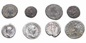 s. II-IV dC. Lote de 4 monedas romanas: Denario (1), Antoniniano (1), bronces (2). Ve y Ag. Valabato MUY ESCASO. BC a MBC. Est.180.