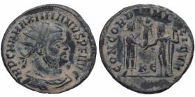 295-299. Maximiano Hércules. Cyzicus. Antoniniano. 286-310.  IMP C M A MAXIMIANVS PF AVG, busto blindado con corona a la derecha  /CONCORDIA MILITVM, ...