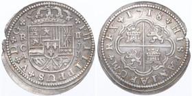 1718. Felipe V (1700-1746). Cuenca. 2 Reales. JJ. A&C 670. Ag. 5,03 g. Escasa asÍ FRACTURA. EBC. Est.160.