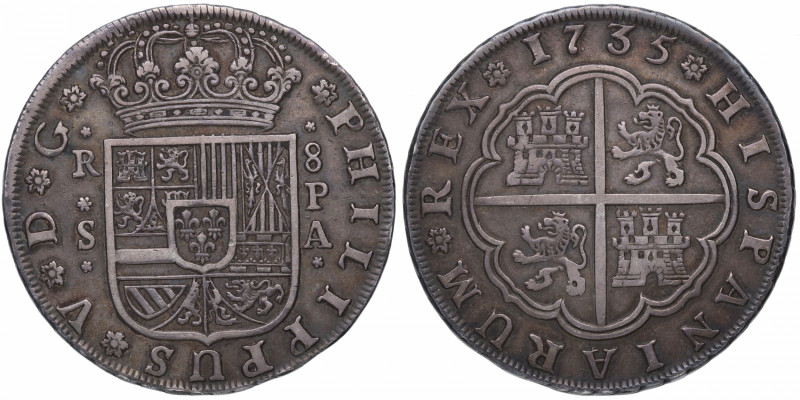 1735. Felipe V (1700-1746). Sevilla. 8 reales. PA. A&C 1628. Ag. Bella. ESCASA. ...