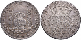 1743. Felipe V (1700-1746). México. 8 Reales. MF. A&C 1463. Ag. 27,04 g. Muy bella. Escasa así. SC-. Est.600.