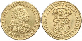 1742. Felipe V (1700-1746). Sevilla. 2 Escudos. PJ. A&C 1995. Au. 6,71 g. ESCASA. EBC+. Est.850.