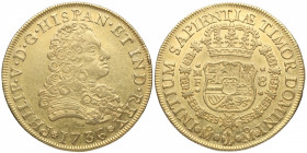 1736. Felipe V (1700-1746). México. 8 Escudos. MF. A&C 2235. Au. MUY ESCASA. Bella. Brillo original. EBC+. Est.4000.