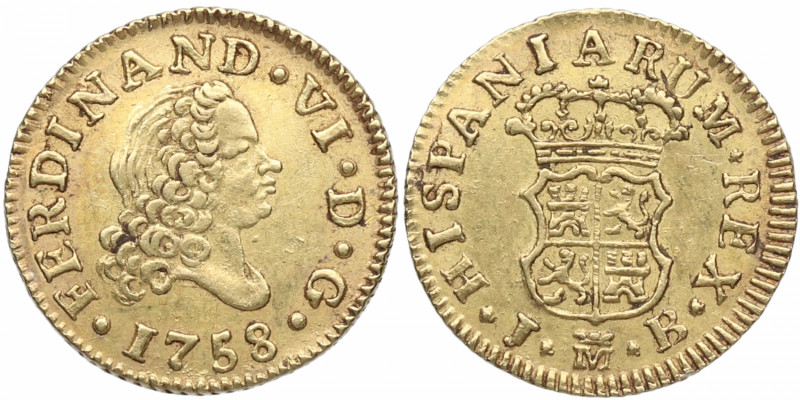 1758. Fernando VI (1746-1759). Madrid. 1/2 Escudo. JB. A&C. Au. 1,75 g. EBC. Est...