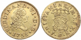 1758. Fernando VI (1746-1759). Madrid. 1/2 Escudo. JB. A&C. Au. 1,75 g. EBC. Est.325.