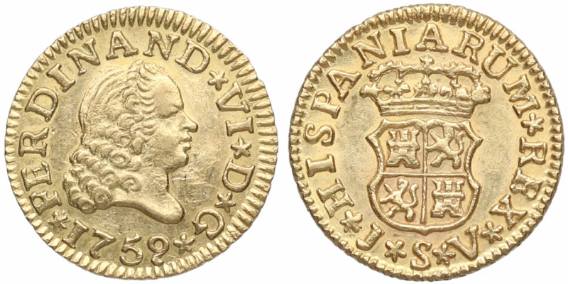 1759. Fernando VI (1746-1759). Sevilla. 1/2 Escudo. JV. A&C. Au. 1,81 g. Bella. ...