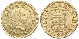1759. Fernando VI (1746-1759). Sevilla. 1/2 Escudo. JV. A&C. Au. 1,81 g. Bella. SC-. Est.325.