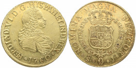 1760/59. Fernando VI (1746-1759). Santiago. 8 escudos. J. A&C 839. Au. Bellísima. Pleno brillo original. Resello flor en anverso. ESCASA. SC / SC-. Es...