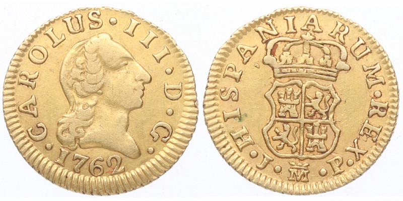 1762. Carlos III (1759-1788). Madrid. 1/2 escudo. JP. A&C 1245. Au. 1,79 g Atrac...