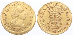 1762. Carlos III (1759-1788). Madrid. 1/2 escudo. JP. A&C 1245. Au. 1,79 g Atractiva. EBC. Est.165.