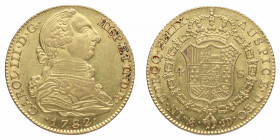 1782 / 72. Carlos III (1759-1788). Madrid. 4 Escudos. JD. A&C 1787. Au. 13,56 g. RARA sobrefecha. SC. Est.1400.