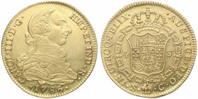 1785/6. Carlos III (1759-1788). Sevilla. 4 escudos. C. A&C 1898. Au. RARA sobrefecha. Bellísima. Pleno brillo original. SC-. Est.1800.