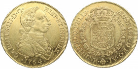 1764. Carlos III (1759-1788). Nuevo Reino. 8 Escudos. JV. A&C . Au. 27,03 g. RARA y más así. EBC+. Est.4500.
