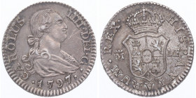 1797. Carlos IV (1788-1808). Madrid. 1/2 Real. MF. A&C 259. Ag. 1,37 g ESCASA. EBC-. Est.180.