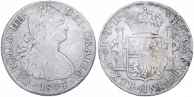 1804. Carlos IV (1788-1808). México. 8 Reales. TH. A& 980. Ag. 25,51 g. Corrosión marina. MBC. Est.70.