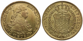 1808. Carlos IV (1788-1808). Madrid. 2 Escudos. AI. A&C. Au. 6,79 g. Bellísima. Brillo original. Escasa así Ajuste de cuño en reverso. SC. Est.600.