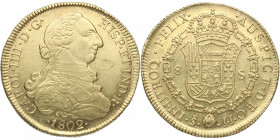 1802. Carlos IV (1788-1808). Santiago. 8 escudos. JJ. A&C 1770. Au. Bella. Brillo original. Insignificante hojita en anverso. EBC+. Est.2000.