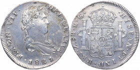 1821. Fernando VII (1808-1833). Zacatecas. 8 Reales. RG. A&C 1465. Ag. 27,12 g. Limpiada. Acuñación desplazada . EBC. Est.250.
