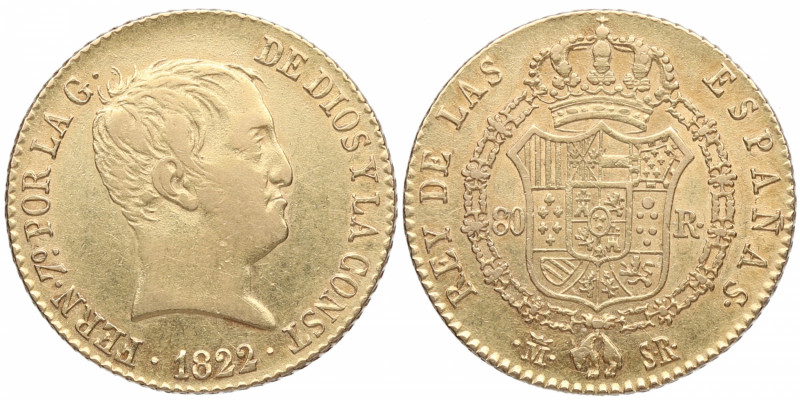 1822. Fernando VII (1808-1833). Madrid. 80 Reales. SR. A&C 1641. Au. Atractiva. ...