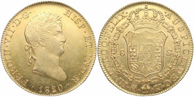 1820. Fernando VII (1808-1833). Madrid. 8 Escudos. GJ. A&C 1776. Au. 27,10 g. Muy bella. Escasa así. SC-. Est.2500.