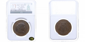 1867. Isabel II (1833-1868). Jubia. 5 Céntimos . CM. A&C 245. Cu. Encapsulada en NN COINS en MS 61. SC-. Est.80.