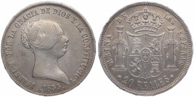 1855. Isabel II (1833-1868). Sevilla. 20 Reales. A&C 632. Ag. EBC/EBC+. Est.350.