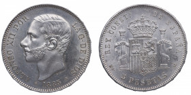 1885*87. Alfonso XII (1874-1885). Madrid. 5 pesetas. MSM. A&C62/63. Ag. Atractiva. Insignificantes rayitas en anverso. EBC. Est.140.