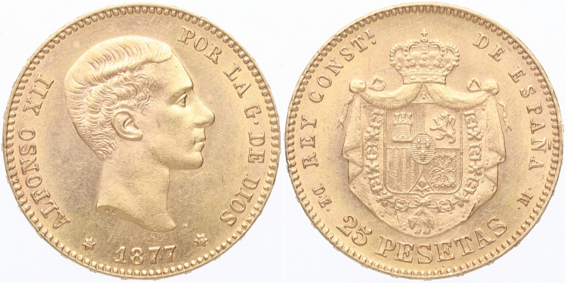 1877*77. Alfonso XII (1874-1885). Madrid. 25 Pesetas. DEM. A&C 68. Au. 8,07 g Be...