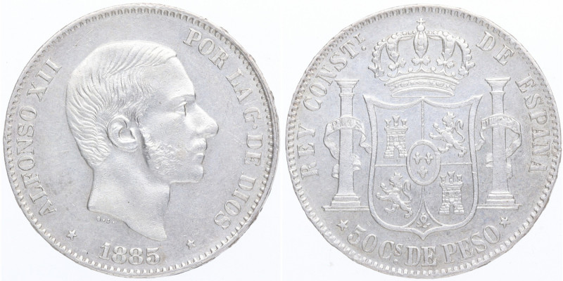 1885. Alfonso XII (1874-1885). Manila. 50 cvos de peso. A&C 1293. Ag. EBC-. Est....