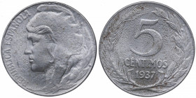 1937. II República (1931-1939). 5 Céntimos. A&C 3. Al. EBC. Est.10.