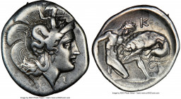 CALABRIA. Tarentum. Ca. 380-280 BC. AR diobol (13mm, 11h). NGC Choice VF S. Ca. 325-280 BC. Head of Athena right, wearing crested Attic helmet decorat...