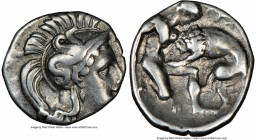 CALABRIA. Tarentum. Ca. 380-280 BC. AR diobol (12mm, 3h). NGC VF. Ca. 325-280 BC. Head of Athena right, wearing crested Attic helmet decorated with hi...