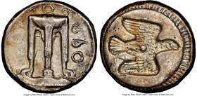 BRUTTIUM. Croton. Ca. 480-430 BC. AR stater or nomos (19mm, 7.69 gm, 12h). NGC XF 5/5 - 3/5, brushed. ϘPO (on right), ornamented sacrificial tripod, l...