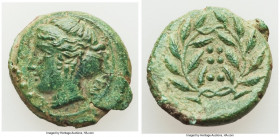 SICILY. Himera. Ca. 430-407 BC. AE hemilitron (18mm, 4.09 gm, 7h). XF, possible spew reattachment. IM, head of nymph left, hair bound in ampyx and sph...