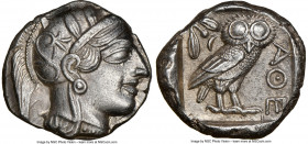 ATTICA. Athens. Ca. 440-404 BC. AR tetradrachm (24mm, 17.17 gm, 7h). NGC Choice AU 5/5 - 4/5. Mid-mass coinage issue. Head of Athena right, wearing cr...