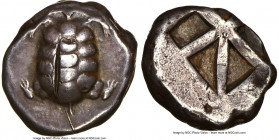 SARONIC ISLANDS. Aegina. Ca. 457-350 BC. AR stater (19mm, 12.13 gm). NGC Choice VF 4/5 - 2/5, test cut. Land tortoise with segmented shell, seen from ...