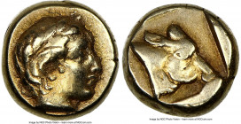 LESBOS. Mytilene. Ca. 454-427 BC. EL sixth stater or hecte (10mm, 2.56 gm, 7h). NGC Choice VF 5/5 - 4/5. Laureate head of Apollo right / Calf's head r...