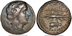 CARIA. Myndus. Ca. 2nd-1st Centuries BC. AR hemidrachm (15mm, 2.18 gm, 8h). NGC VF 5/5 - 4/5. Wreathed head of Dionysus right / MYNΔIΩN, thunderbolt a...