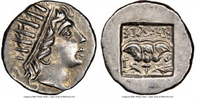 CARIAN ISLANDS. Rhodes. Ca. 88-84 BC. AR drachm (15mm, 11h). NGC Choice AU. Plinthophoric standard, Philon, magistrate. Radiate head of Helios right /...