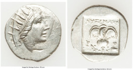 CARIAN ISLANDS. Rhodes. Ca. 88-84 BC. AR drachm (17mm, 2.53 gm, 10h). XF, die shift. Plinthophoric standard, Lysimachus, magistrate. Radiate head of H...