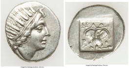 CARIAN ISLANDS. Rhodes. Ca. 88-84 BC. AR drachm (15mm, 2.60 gm, 10h). XF. Plinthophoric standard, Philon, magistrate. Radiate head of Helios right / Φ...