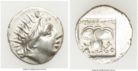 CARIAN ISLANDS. Rhodes. Ca. 88-84 BC. AR drachm (15mm, 2.23 gm, 12h). Choice XF. Plinthophoric standard, Nicephorus, magistrate. Radiate head of Helio...