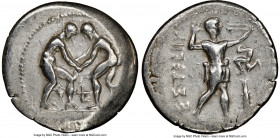 PAMPHYLIA. Aspendus. Ca. 325-250 BC. AR stater (25mm, 1h). NGC VF, overstruck. Two wrestlers grappling; F (inverted) between / ΕΣΤFΕΔΙΥ, slinger stand...