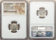 Anonymous. Ca. 211-208 BC. AR victoriatus (18mm, 3.15 gm, 9h). NGC Choice MS 5/5 - 4/5. Rome. Laureate head of Jupiter right; dotted border / ROMA, Vi...